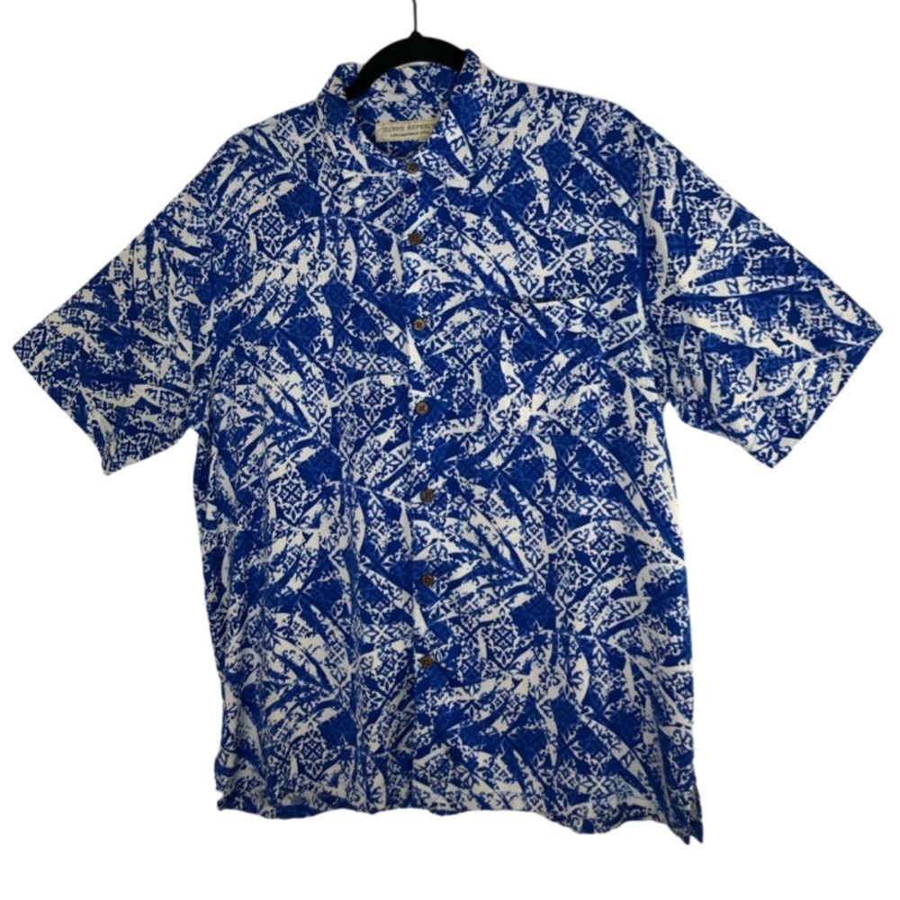Island Republic Aloha Silk Button Shirt Hawaiian Shirt Blue Men's Size: Large